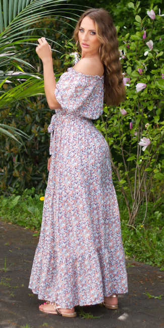 Trendy Off-Shoulder Maxidress with flower print Turquoise